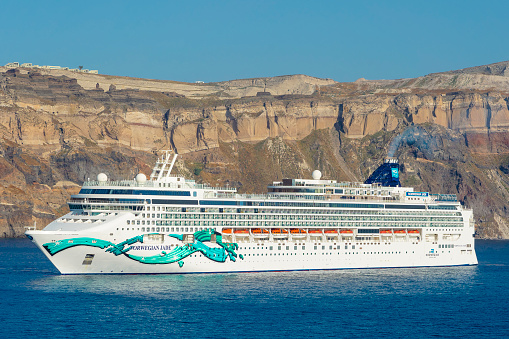Norwegian Jade of Norwegian Cruise Line moored in Santorini on June 05, 2022 in Santorini, Greece.