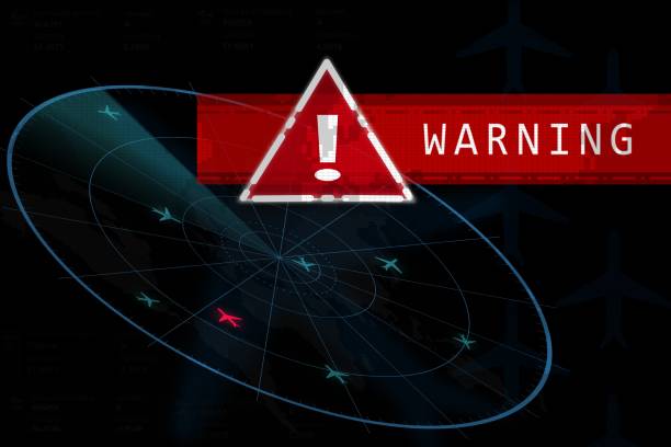 istock illustration of white exclamation mark as warning on red highlight located  on blue flight radar illustration with red plane 1422168735