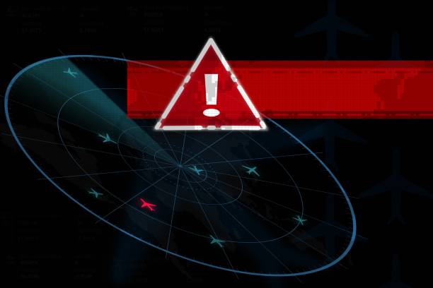 istock illustration of white exclamation mark as warning on red highlight located  on blue flight radar illustration with red plane 1422168736