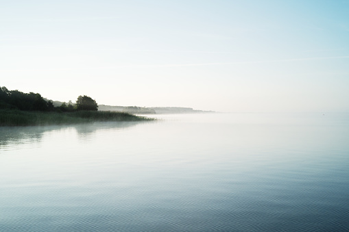 Late summer morning fog on the lake Müritz, Germany, Mecklenburg-Vorpommern