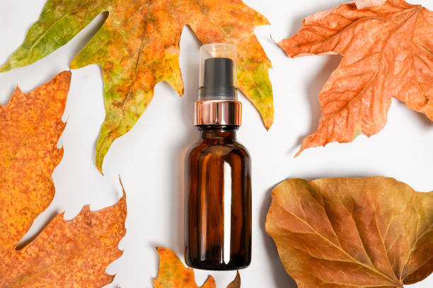 istock Brown cosmetic dropper bottle with dry falling leaves on grey background. Autumn composition. Concept of natural and organic skincare products 1422171927