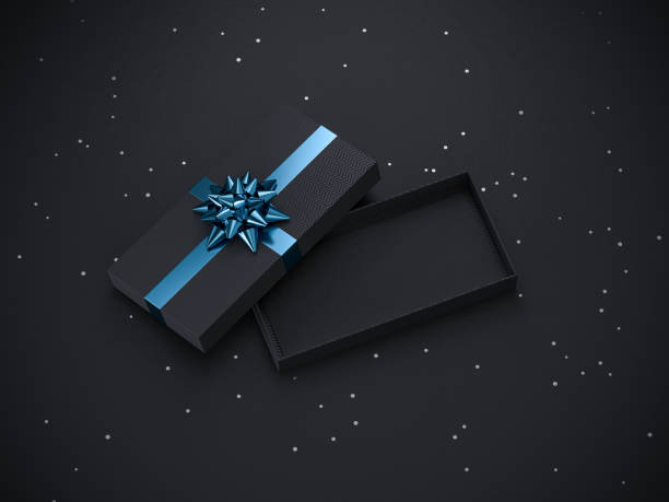 istock Luxury gift box and confetti glitter scattering on dark background. 2023 new year background design. Elegant 3d illustration. 1422173959