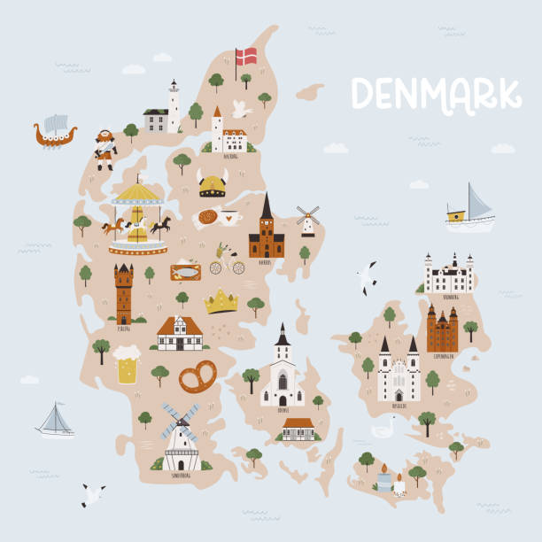 illustrazioni stock, clip art, cartoni animati e icone di tendenza di illustrazione vettoriale della mappa della danimarca con città e simboli - copenhagen travel denmark europe