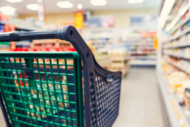 istock Empty grocery cart in the store. 1422185577