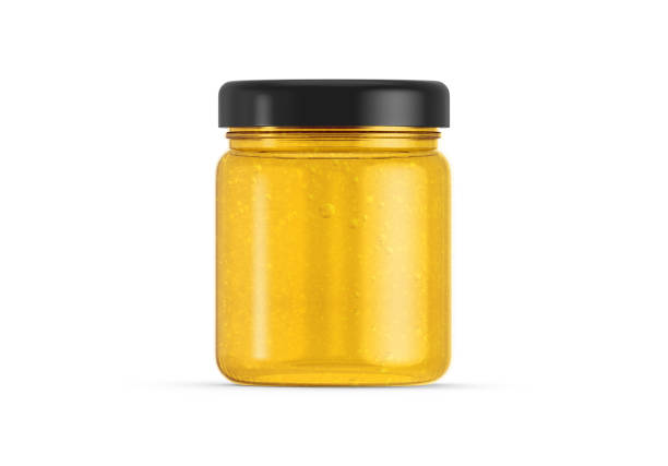 Honey jar mockup, transparent glass bottle with cap filled by sweet honey, 3d render illustration stock photo