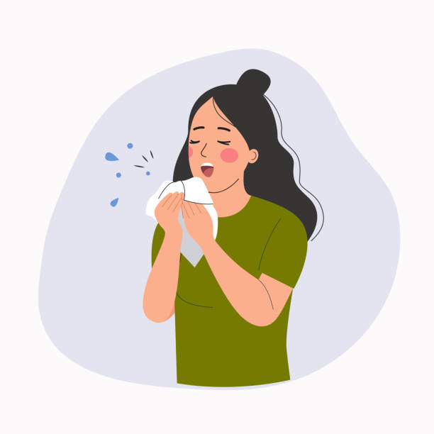 young ill woman sneezes isolated. vector flat style cartoon illustration - 咳嗽 插圖 幅插畫檔、美工圖案、卡通及圖標