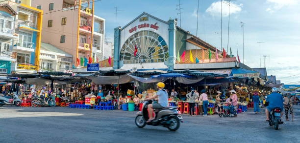 An Giang, Vietnam - September 4th, 2022: Outside view Chau Doc market gate specializing in selling specialties of fish sauce and cakes made from jaggery trees, the largest market in An Giang, Vietnam