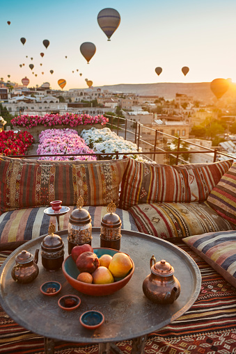 Balloons in rose valley, Cappadocia. Colorful sunrise in Goreme. Turkey