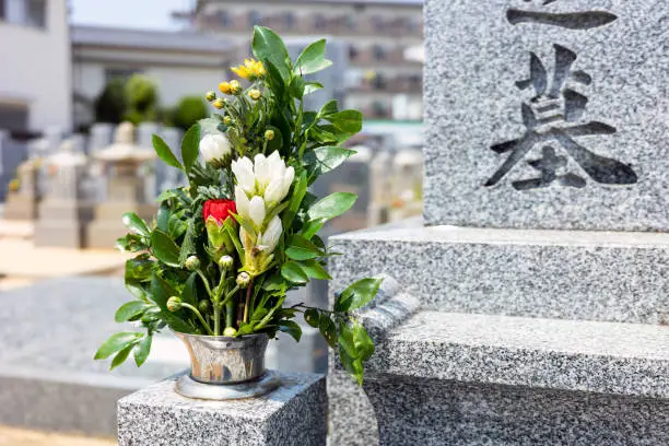 Scenery of visiting a Japanese grave