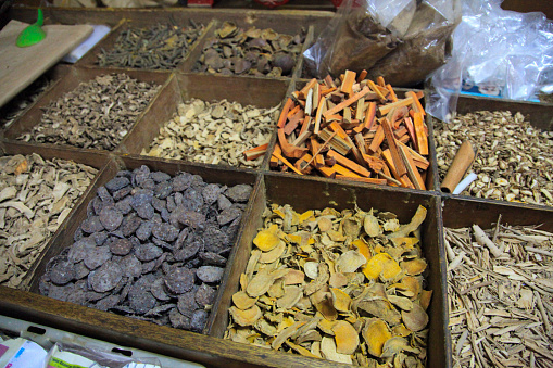 Close-up of spices for sale in market, Central Java, Java, Indonesia.