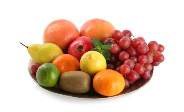 istock Plate with fresh ripe fruits on white background 1422201818