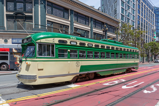 San Francisco, USA - June 7, 2022: historic  F-line Antique PCC streetcar operating from Market street to Fisherman's wharf and Castro in San Francisco, California CA, USA.