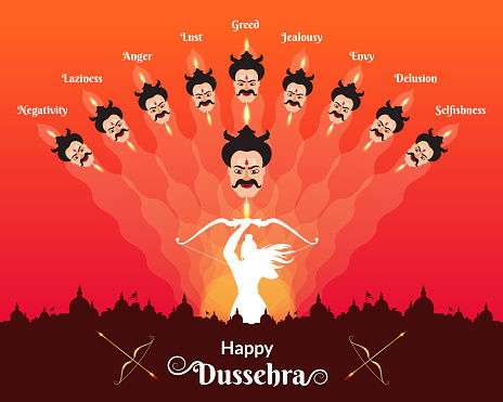 Indian festival Dussehra greeting with Ravana evil heads showing social evils.
