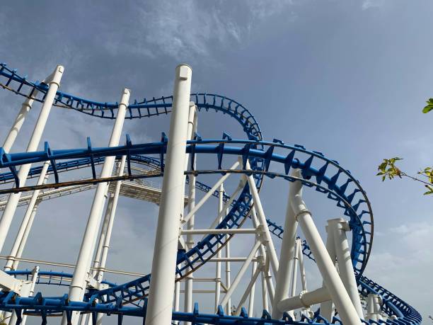 istock Old inverted roller coaster painted in blue and white 1422215145