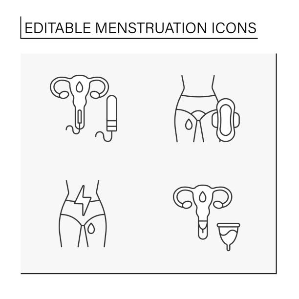 ilustraciones, imágenes clip art, dibujos animados e iconos de stock de conjunto de iconos de línea de menstruación - menstruation tampon gynecological examination sex
