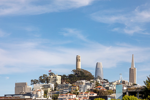 San Francisco, USA - June 7, 2022: Skyline of San Francisco with famous coit tower and transamerican pyramid skyscraper.