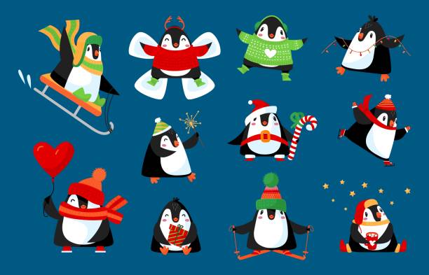 istock Winter penguins cartoon characters. Penguin family xmas holiday, cute classy flat vector christmas animals with gift, heart balloon and sweets 1422216349