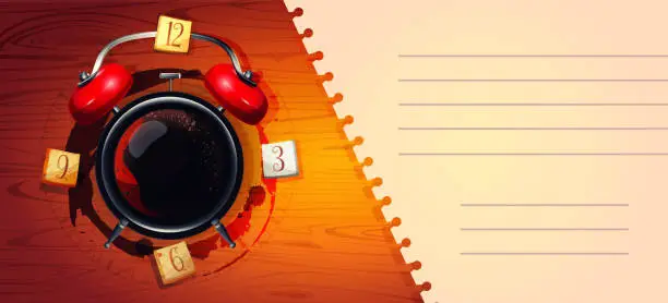 Vector illustration of The concept of a good day, cheerfulness and energy in a realistic style. Alarm clock in the form of a cup of coffee with sugar cubes on a wooden background with space for text. Stylish template for online order, web page, app design.