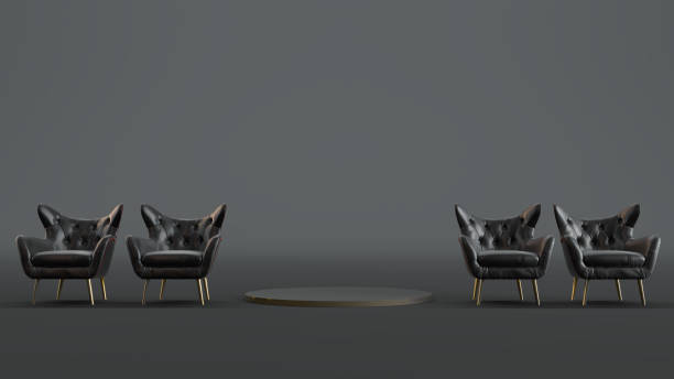 istock empty pedestal between four black armchairs, black podium stage, 1422216932