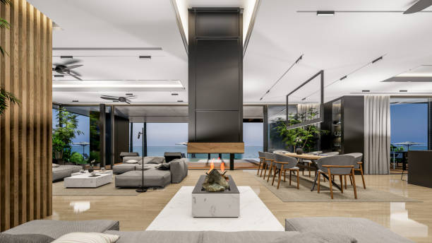 istock 3d rendering of modern cozy interior with living, dining zone, stair and kitchen 1422217277