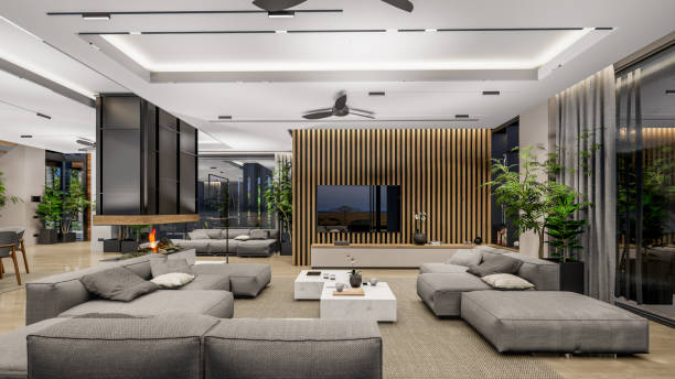 istock 3d rendering of modern cozy interior with living, dining zone, stair and kitchen 1422217281