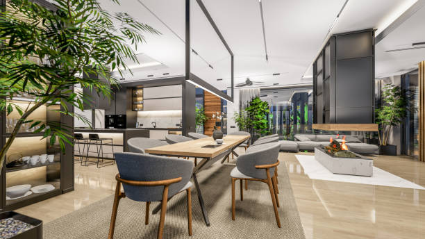 istock 3d rendering of modern cozy interior with living, dining zone, stair and kitchen 1422217286