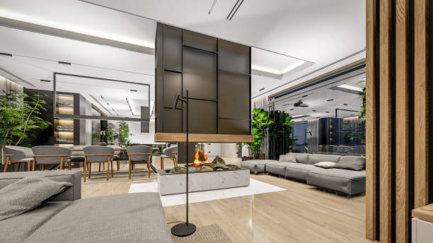istock 3d rendering of modern cozy interior with living, dining zone, stair and kitchen 1422217295