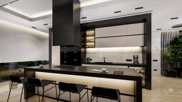 istock 3d rendering of modern cozy interior with living, dining zone, stair and kitchen 1422217315