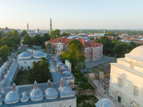 mosque with three balconies(uc serefeli mosque) drone photo, edirne turkey - kirklareli imagens e fotografias de stock