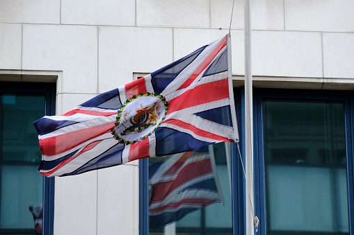 The Union Flag in front of the British Embassy at half-mast following the passing of Queen Elizabeth II of the United Kingdom in Brussels, Belgium on Sept. 9, 2022.