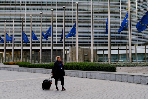 European flags in front of European Council and European Commission in Brussels at half-mast following the passing of Queen Elizabeth II of the United Kingdom in Brussels, Belgium on Sept. 9, 2022.