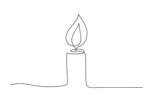 Continuous one line drawing candle burning flame. Black contour line simple minimalist graphic isolated vector illustration. Grief loss concept