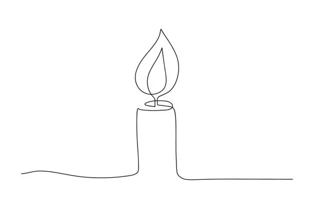 Vector illustration of Continuous one line drawing candle burning flame. Black contour line simple minimalist graphic isolated vector illustration. Grief loss concept