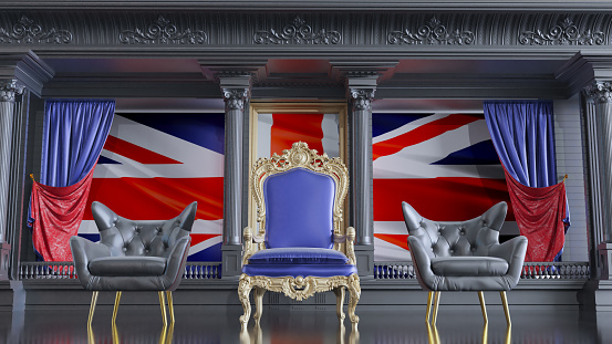red carpet with barriers leading to the UK throne, queen throne with UK flag in the background, 3D render