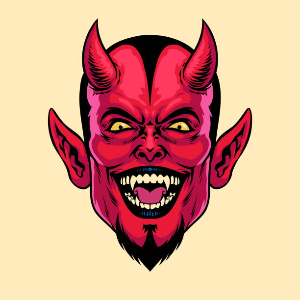 laughing devil head mit vintage-handzeichnungsstil - teufel stock-grafiken, -clipart, -cartoons und -symbole