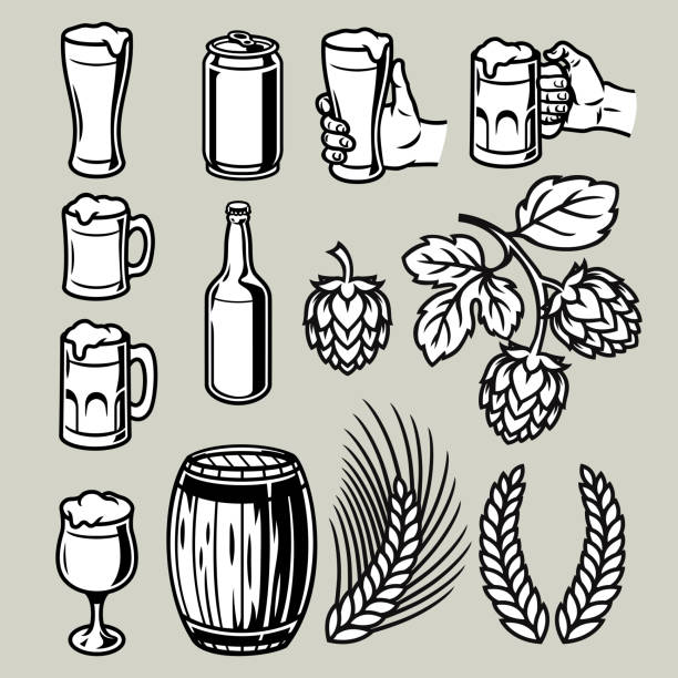 ilustrações, clipart, desenhos animados e ícones de conjunto de objetos de cerveja vintage preto e branco - cans toast