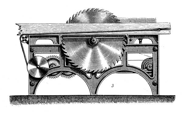 ilustrações, clipart, desenhos animados e ícones de ilustração antiga, mecânica aplicada e máquinas: serra circular - saw old fashioned mechanic antique