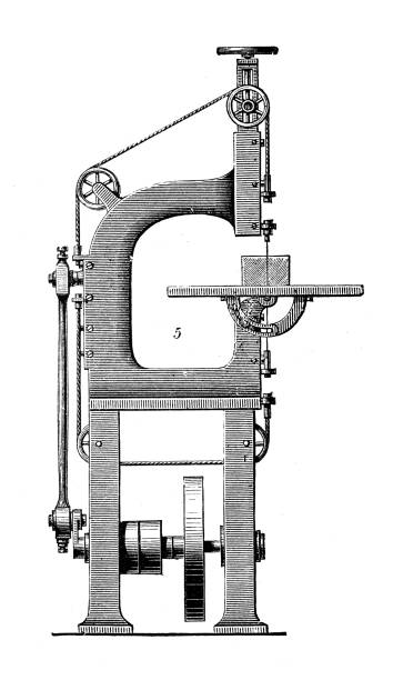 illustrations, cliparts, dessins animés et icônes de illustration ancienne, mécanique appliquée et machines : scie verticale - saw old fashioned mechanic antique