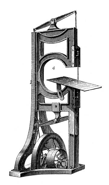 ilustrações, clipart, desenhos animados e ícones de ilustração antiga, mecânica aplicada e máquinas: vertical saw - saw old fashioned mechanic antique