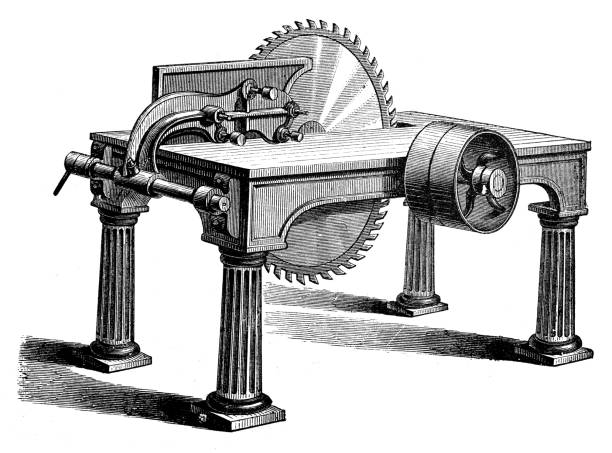 ilustrações, clipart, desenhos animados e ícones de ilustração antiga, mecânica aplicada e máquinas: serra circular - saw old fashioned mechanic antique