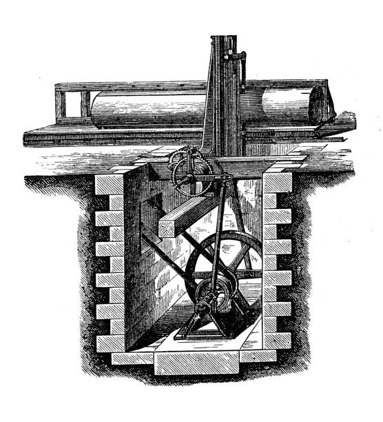 ilustrações, clipart, desenhos animados e ícones de ilustração antiga, mecânica aplicada e máquinas: vertical saw - saw old fashioned mechanic antique