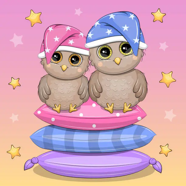 Vector illustration of A cute cartoon couple of owls in a nightcap is sitting on pillows.
