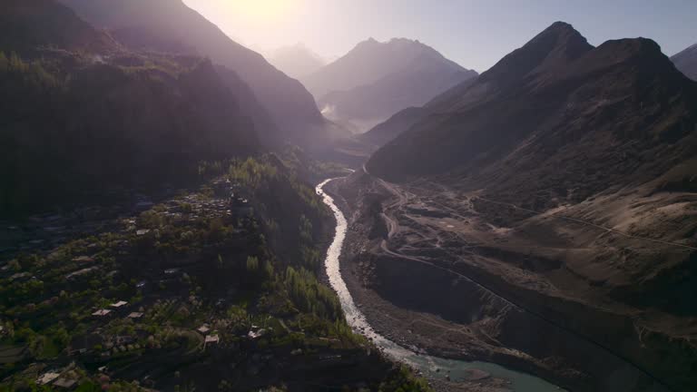 Aerial landscape of Hunza valley in a morning sunrise