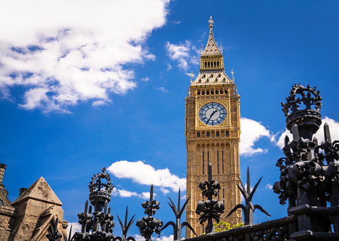 London Big Ben clock tower in Westminster in a summer sunny blue sky day