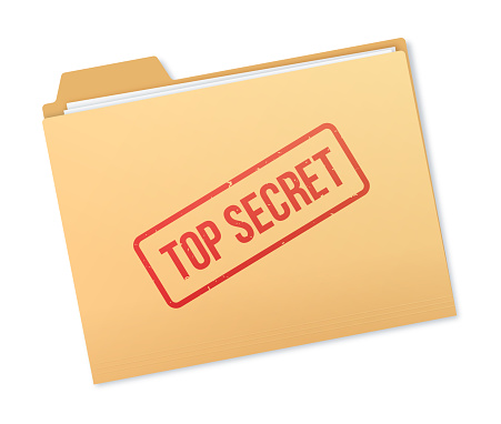 Manila folder with TOP SECRET stamp with paper and notes and space for your copy.