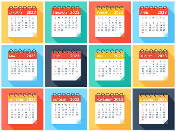 달력 2023 - 플랫 모던 다채로운. 일요일부터 시작 주 - november calendar month time stock illustrations