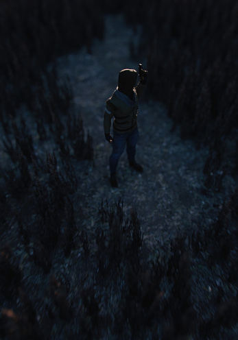 Man in hoodie holding a pistol stands in a rural field at twilight. High angle view. 3D render.