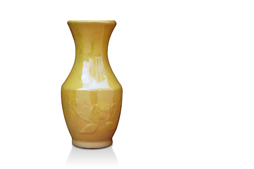 antique yellow ceramic vase on white background, object, decor, modern, copy space