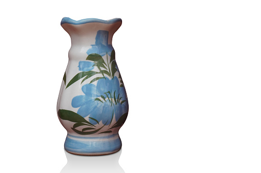 blue and white and green pottery vase on isolated background, object, decor, modern, copy space
