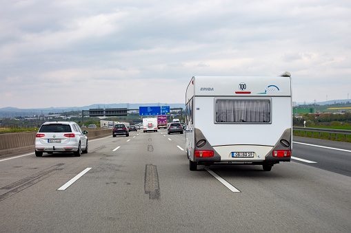 Camper trailer and cabin at seaside caravan park in Southern Norway